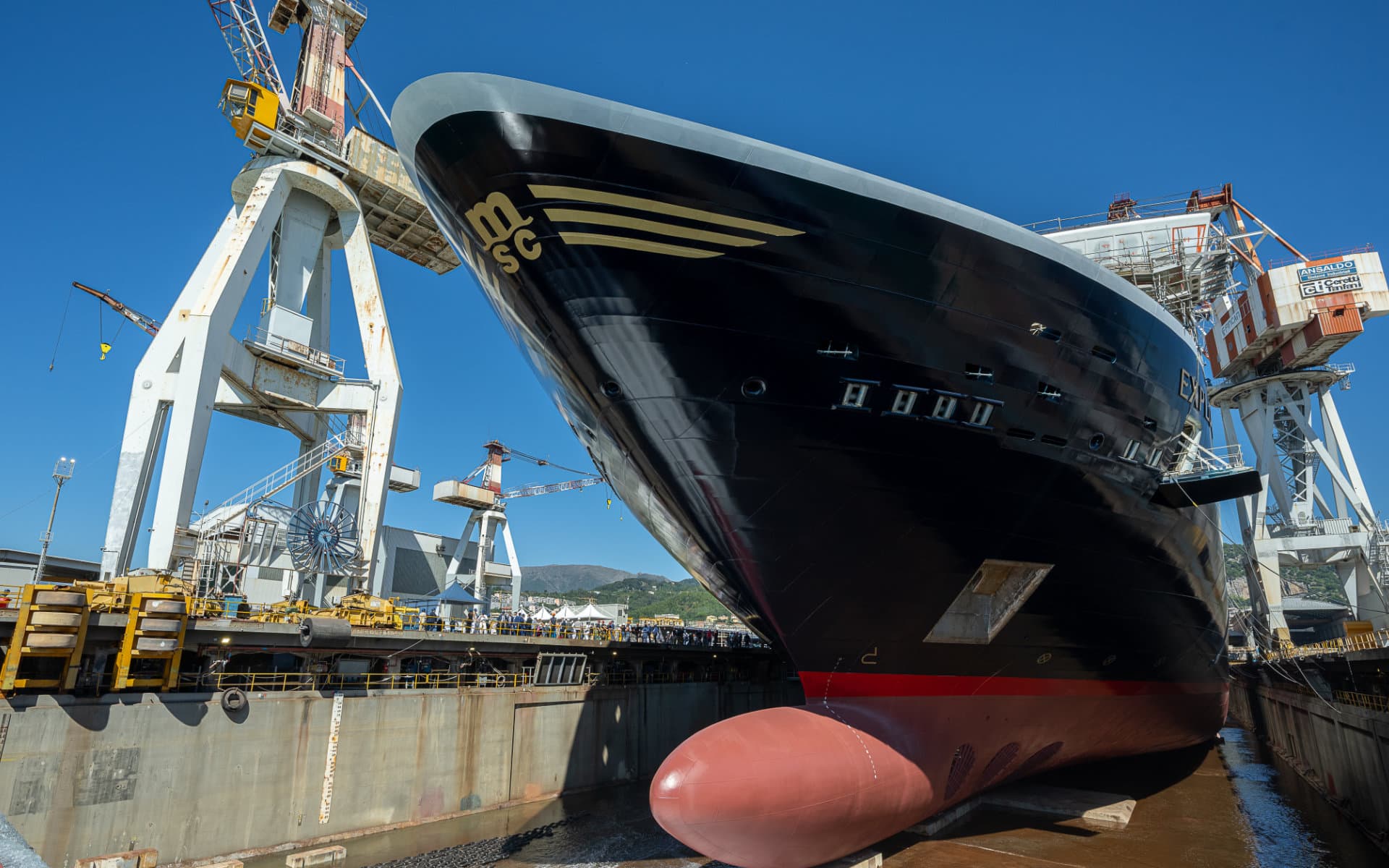 Explora II floats out from the shipyard near Genoa, Italy.