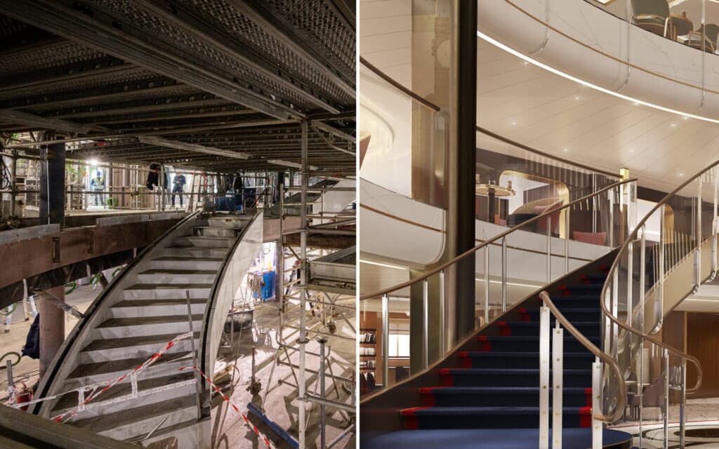 The Grand Lobby takes shape (left), while the rendering shows its final form (right).