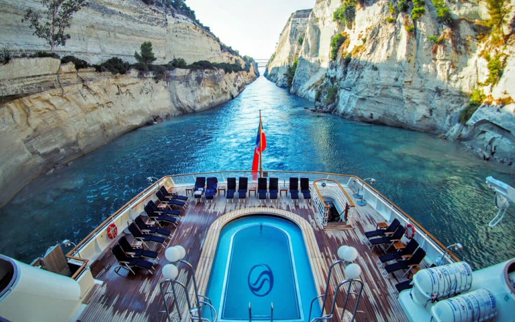 A SeaDream yacht transits the Cornith Canal, Greece.
