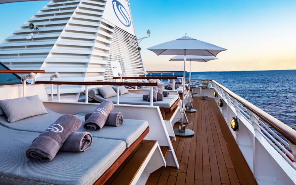 Sun loungers on the top deck of a SeaDream Yacht.