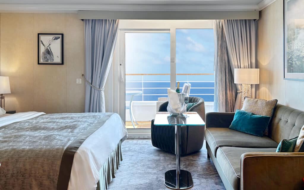 An Aquamarine Suite in the classic decor on Crystal Symphony.