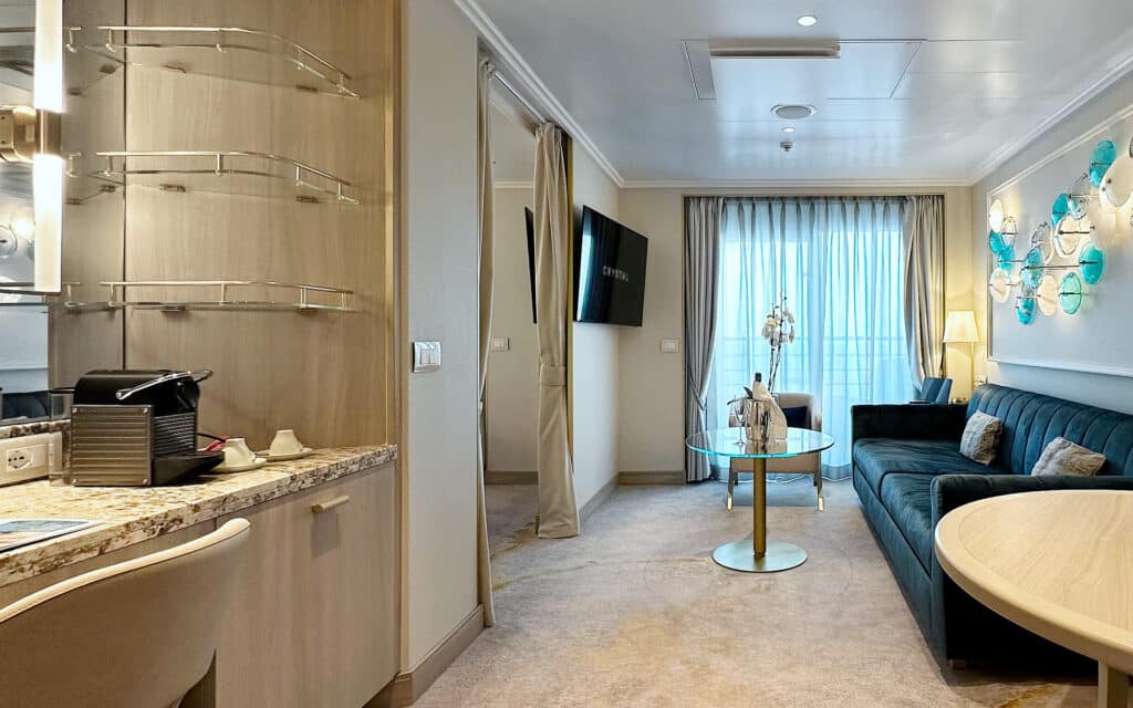 The living space in a Crystal Symphony Sapphire Veranda Suite.