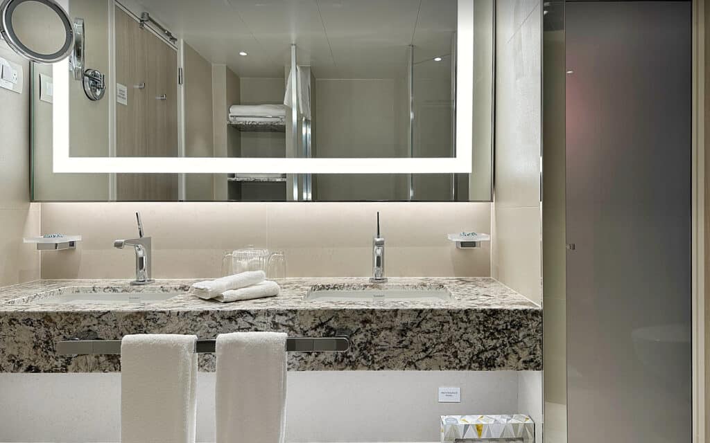 The marble vanity in a Crystal Symphony Sapphire Veranda Suite.