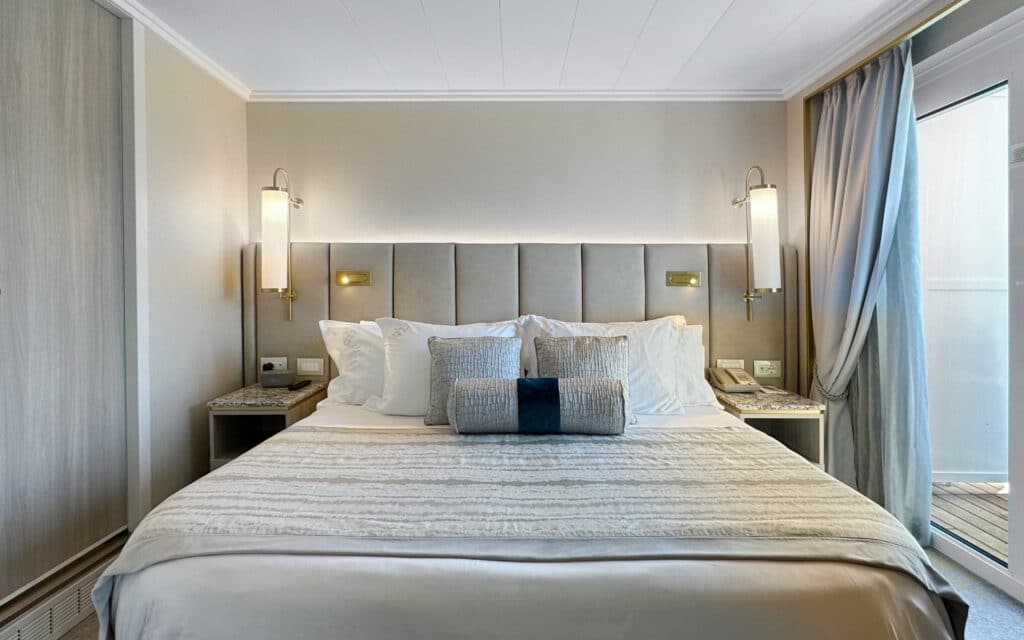 The bedroom in a Crystal Symphony Sapphire Veranda Suite.