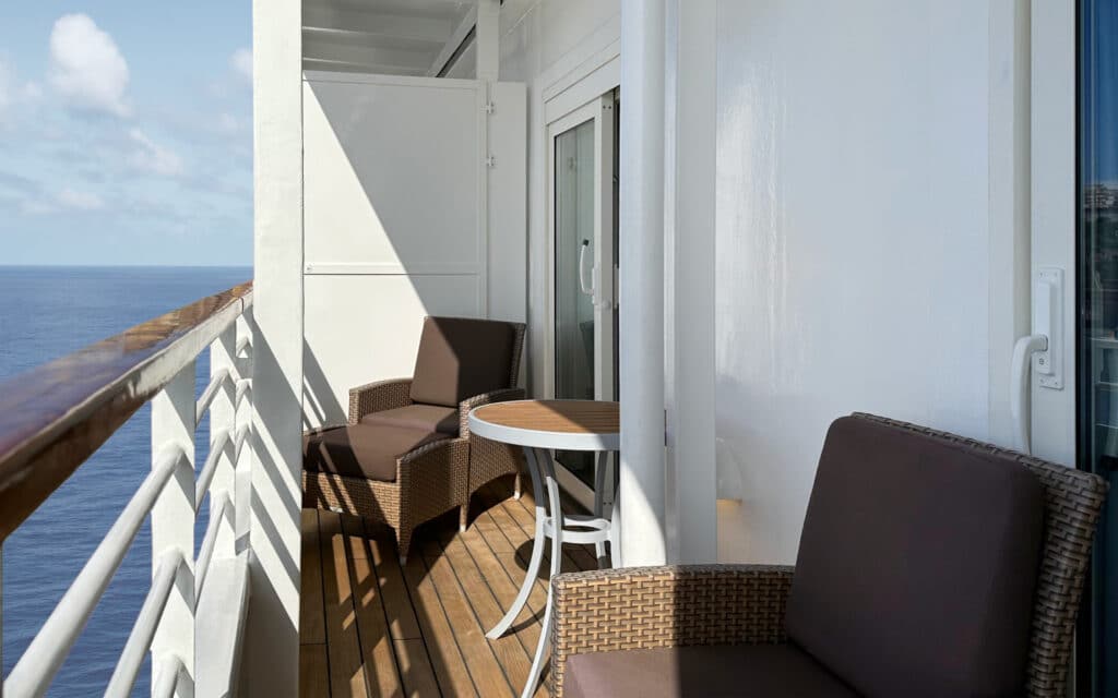 A teak veranda on the Crystal Symphony cruise ship.