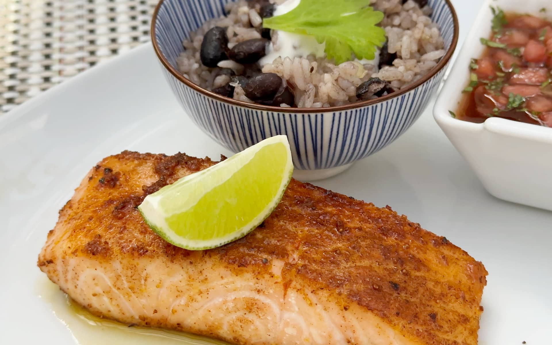 Blackened Salmon with Black Bean Rice & Watermelon-Jalapeño-Cilantro Salsa.