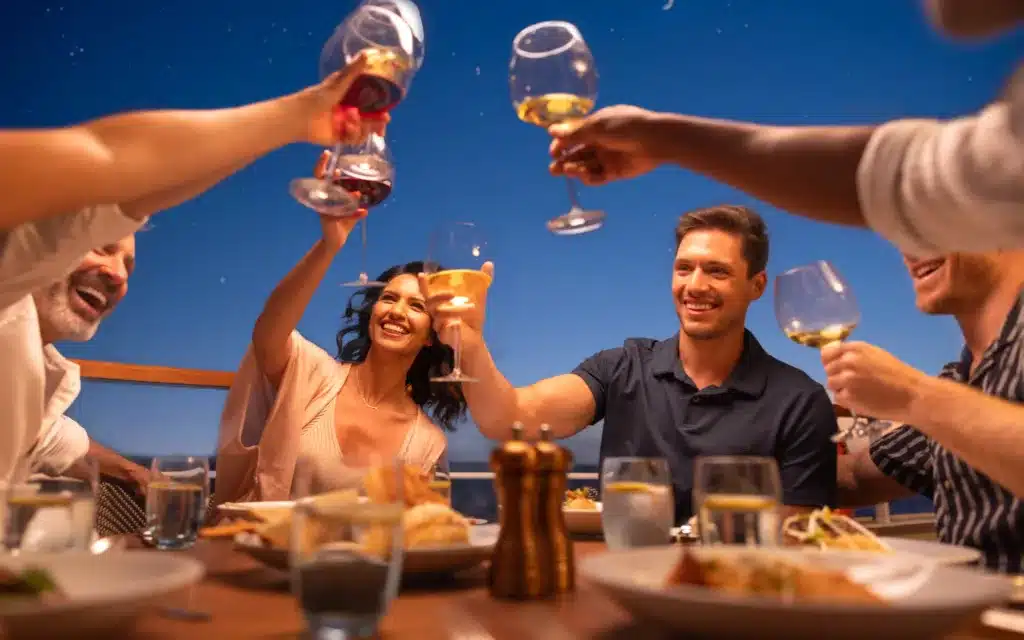 A table of Seabourn guests celebrate on board the Seabourn Quest cruise ship.
