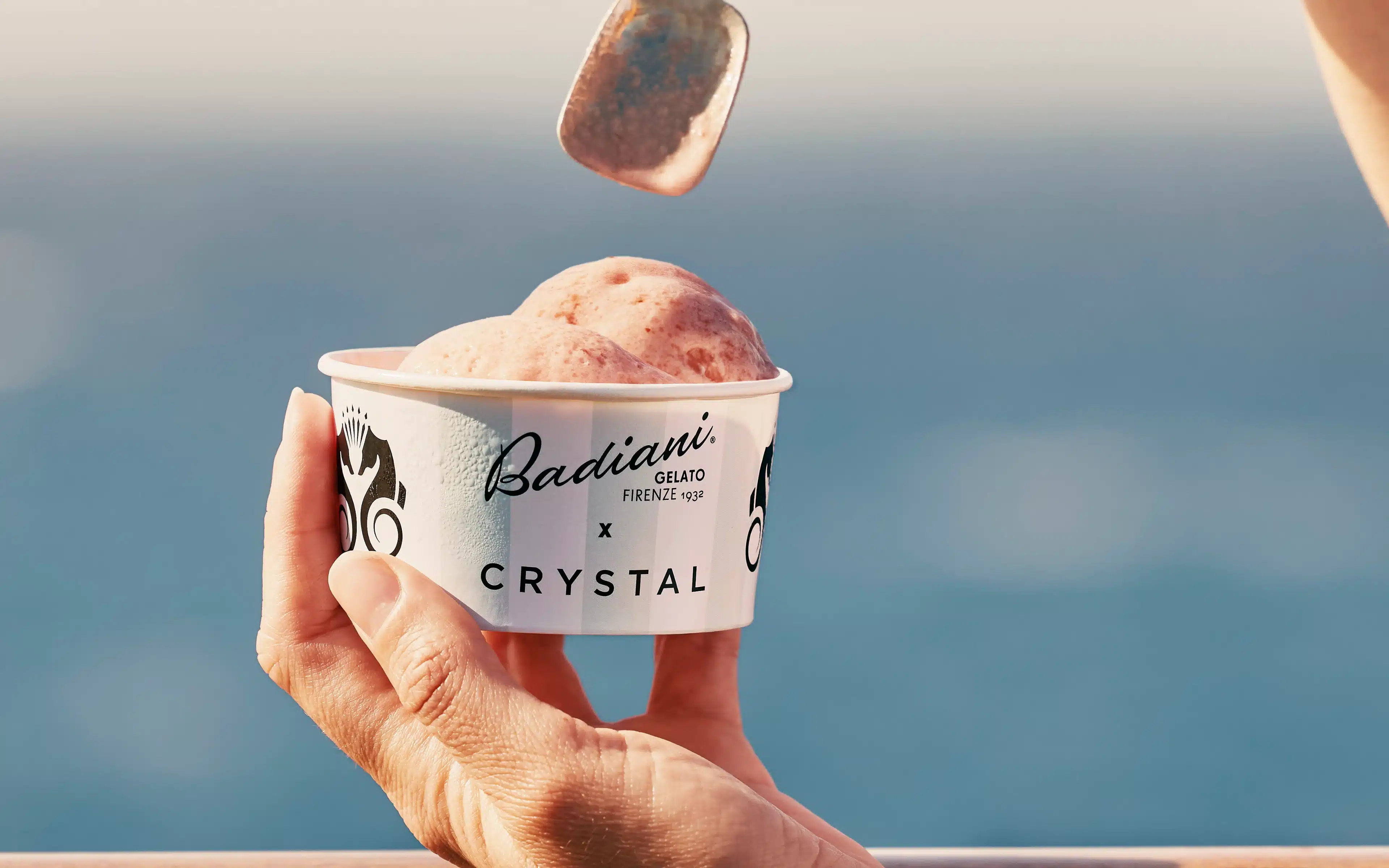 A hond holding a small tub of Badiani gelato.