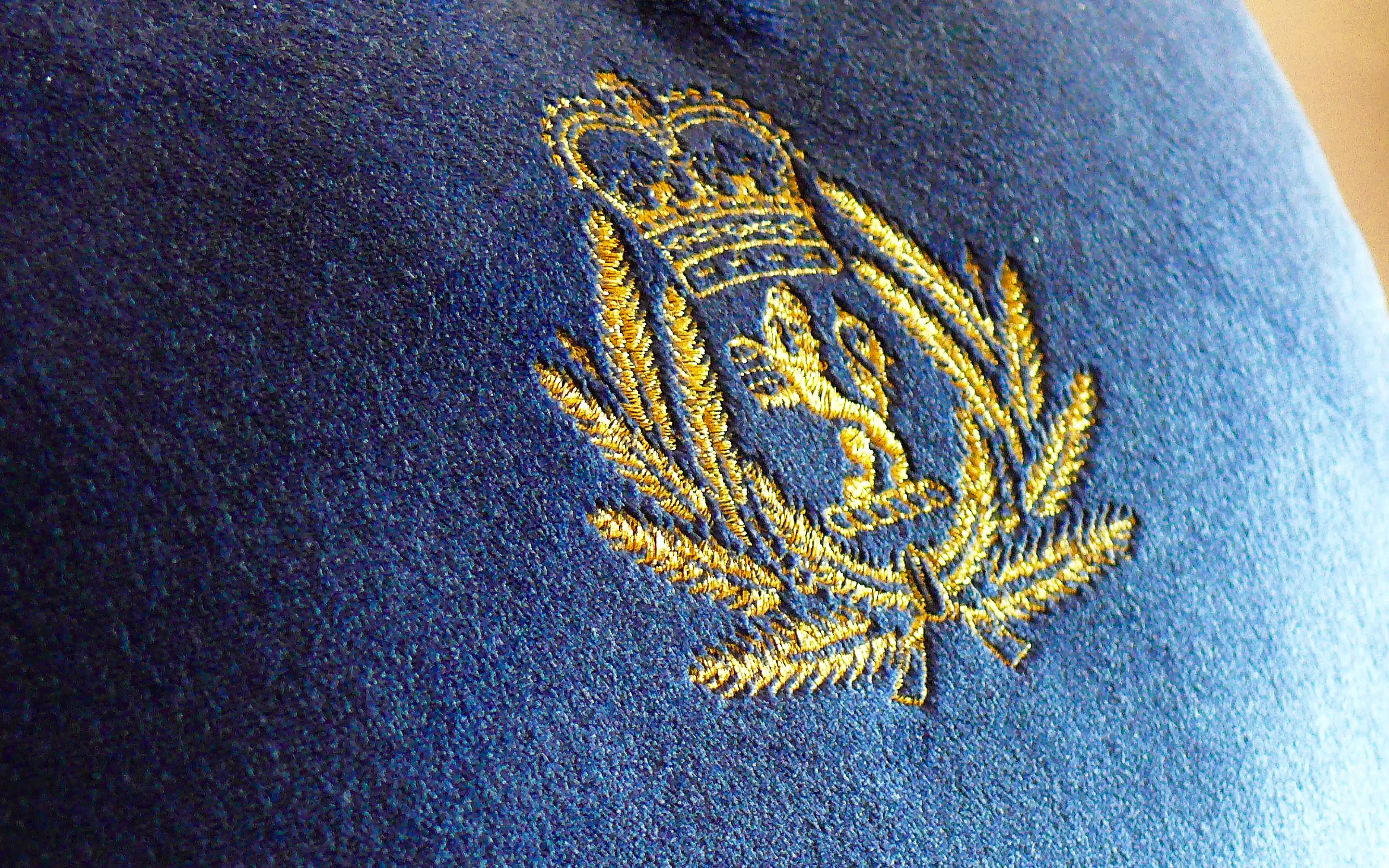 A plush velvet cushion emblazened with the Cunard logo.