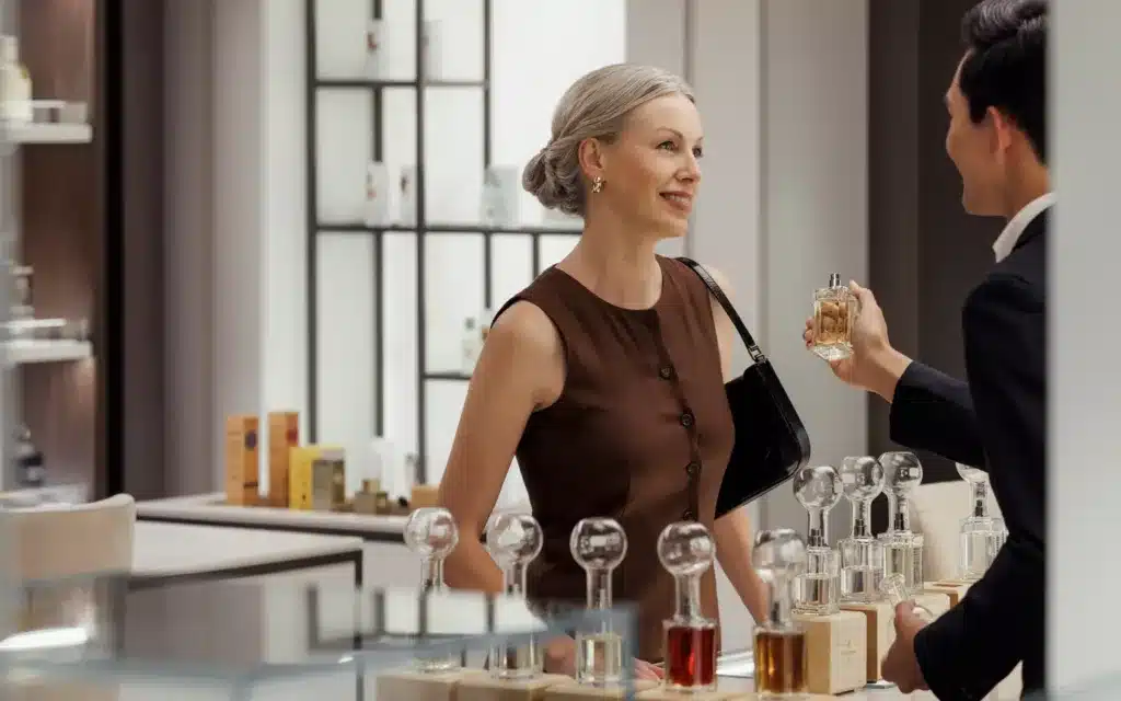 A female passenger enjoys a private shopping experience – a benefit of the Explora status match.