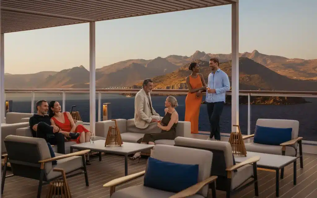 Male and female passengers gather in the SKy Bar on Explora I.