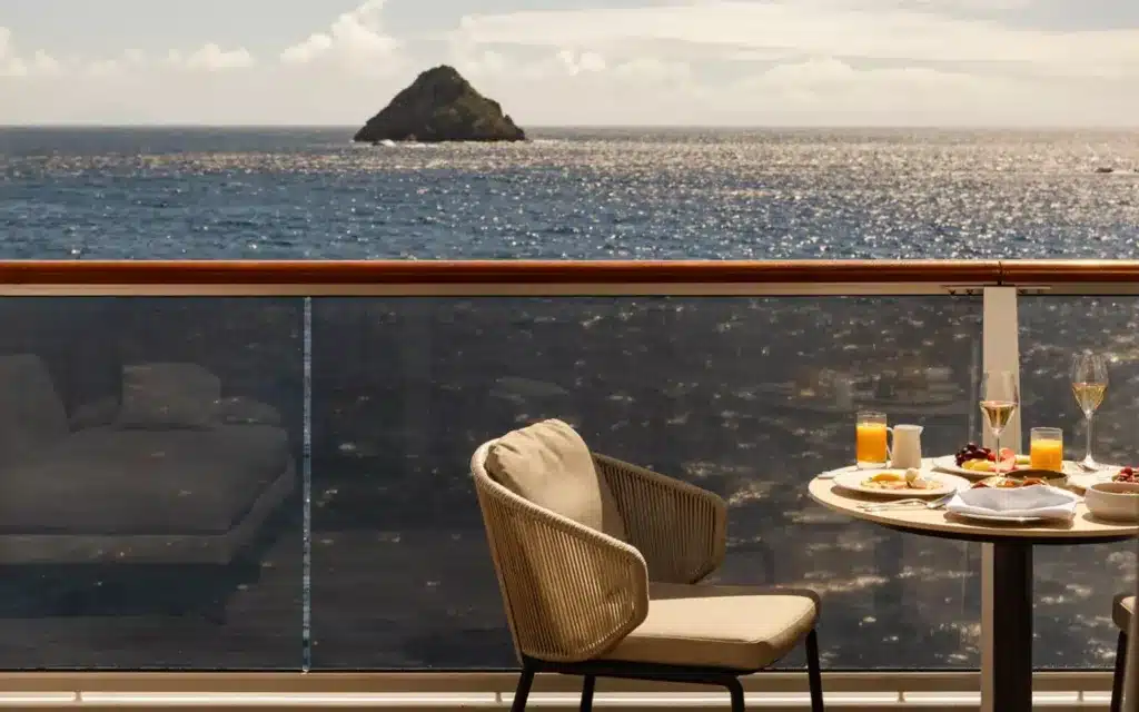 A champagne breakfast served on a private veranda aboard Explora I.