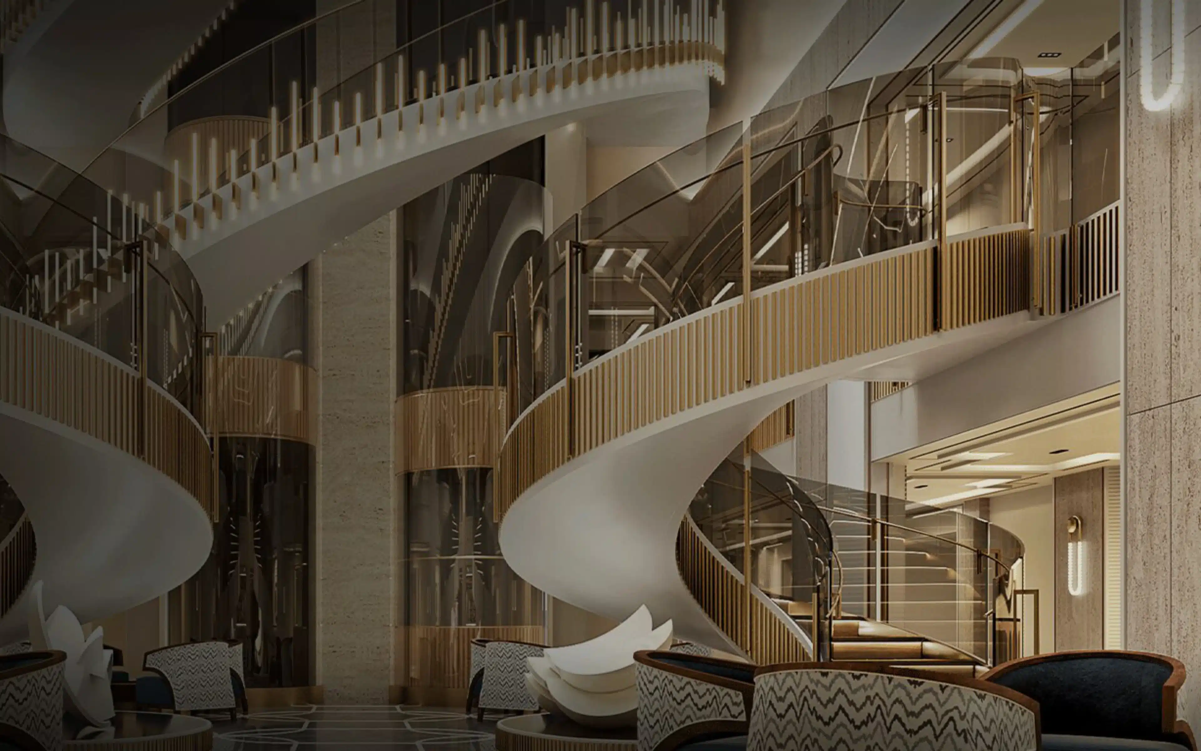 The spiral staircases of the Atrium on Seven Seas Prestige (rendering).