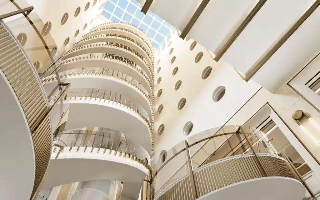 The skylight ceiling in the Atrium on Seven Seas Prestige (rendering).