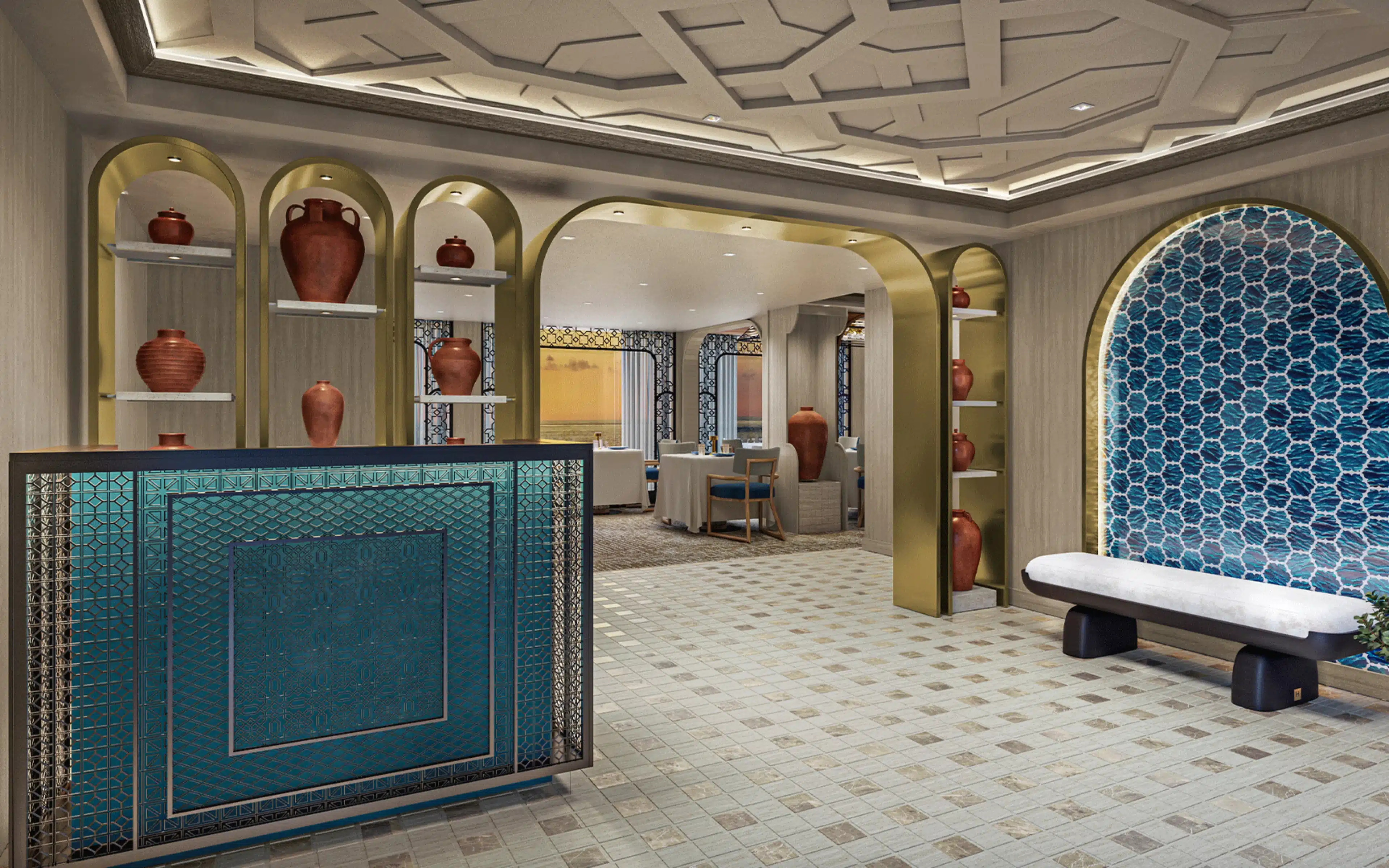 The reception area of the Azure restaurant aboard Seven Seas Prestige (rendering).