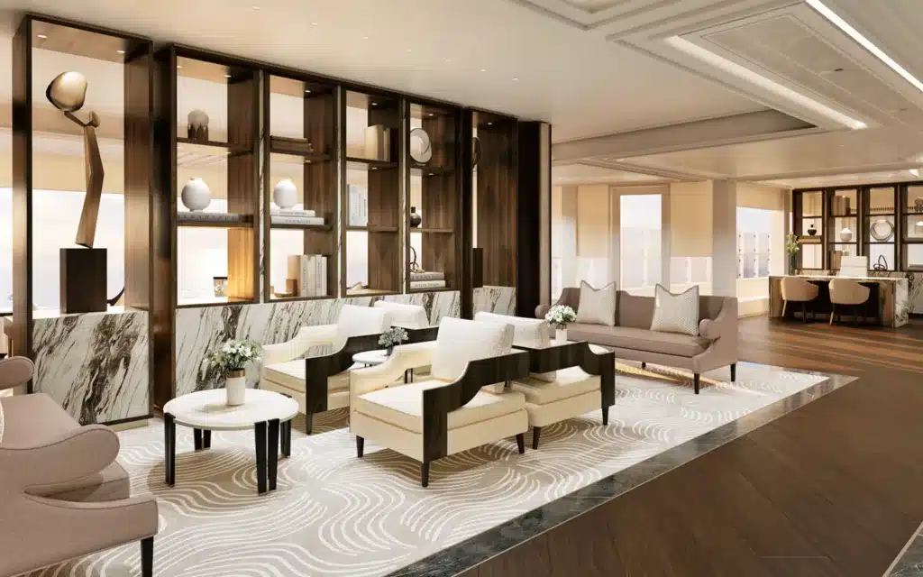 The Lounge area on Seven Seas Prestige (rendering).