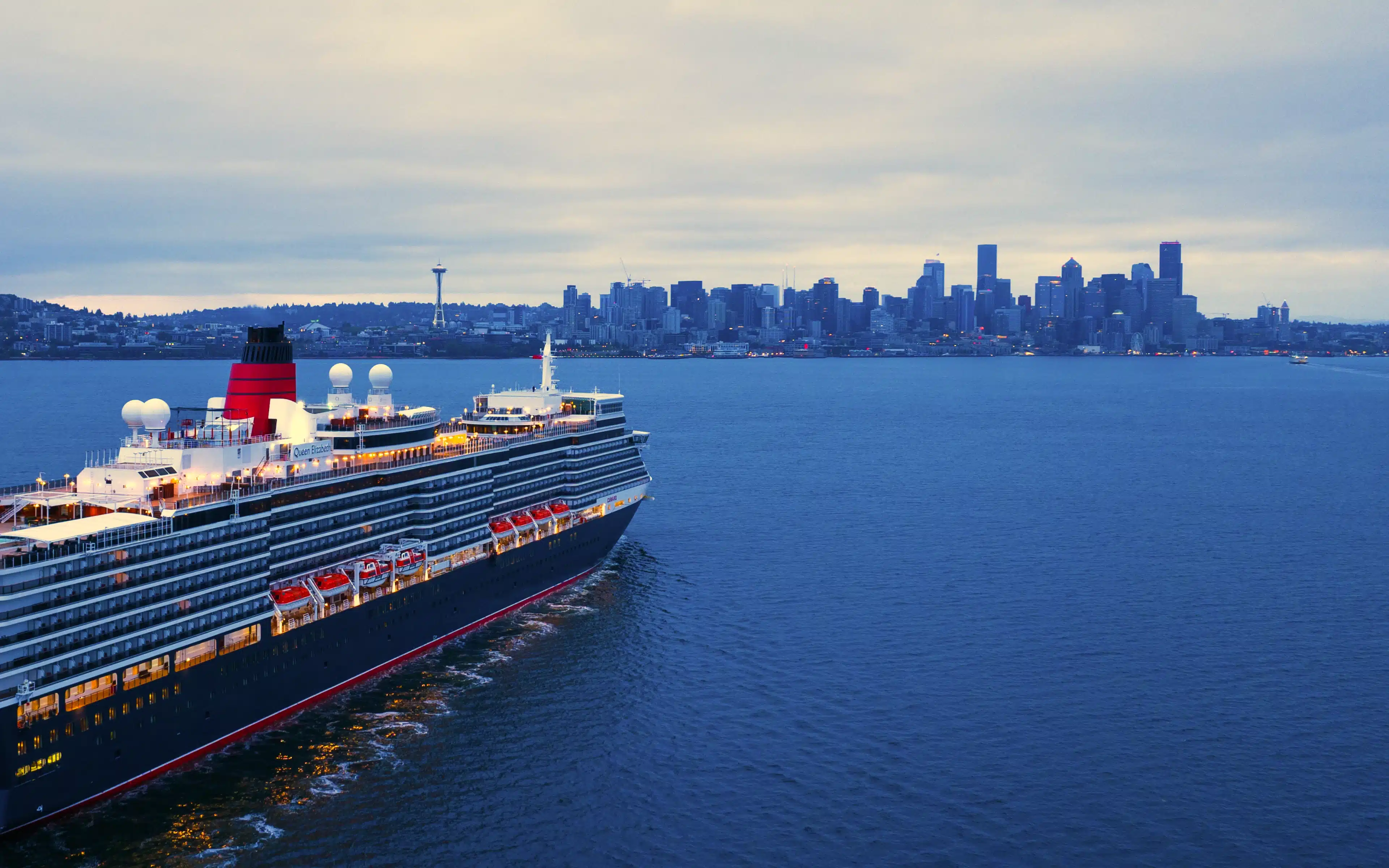The Queen Elizabeth cruise ship sailing toward Seattle, USA.
