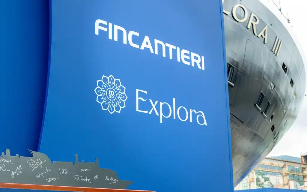 Signage for Fincantieri and Explora Journeys in front of Explora III.