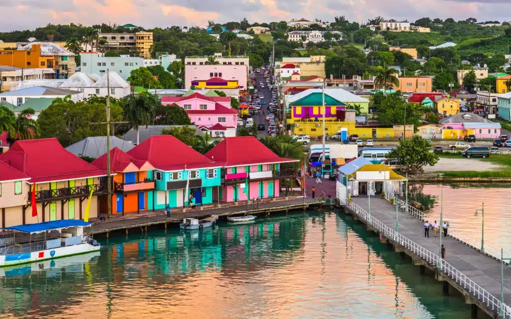 St. John's, Antigua port and skyline in the Caribbean at twilight.