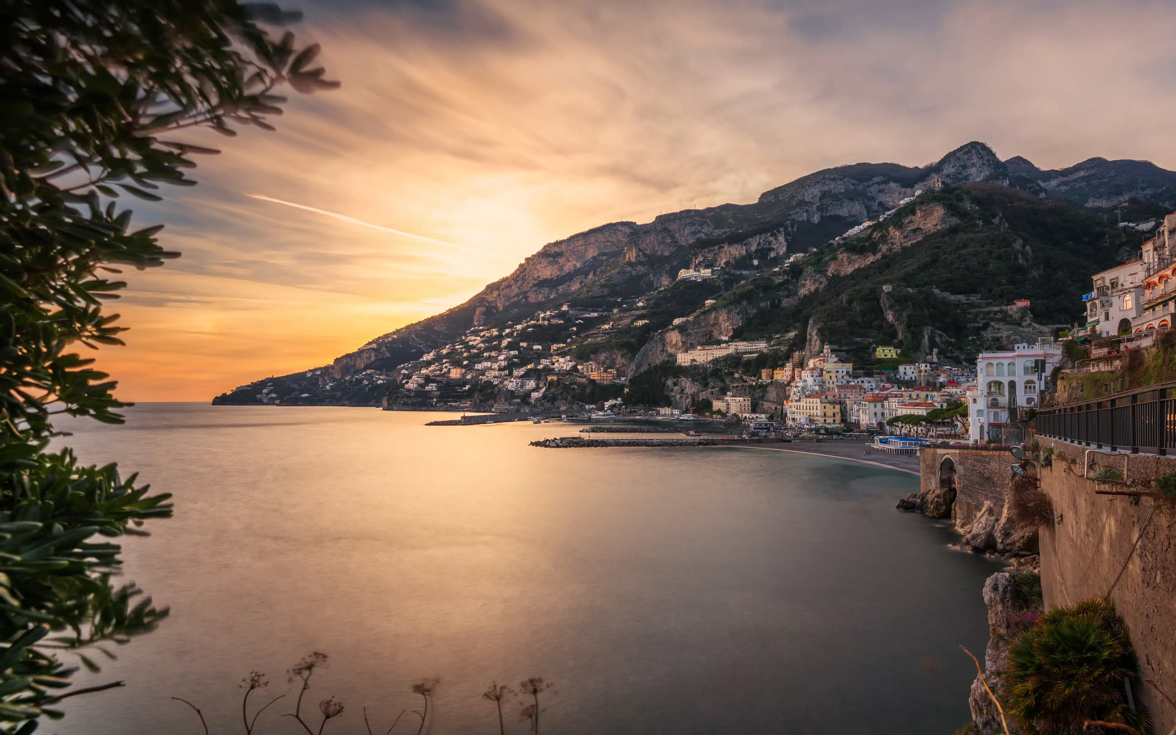 Sunset over the Amalfi Coast in Italy.