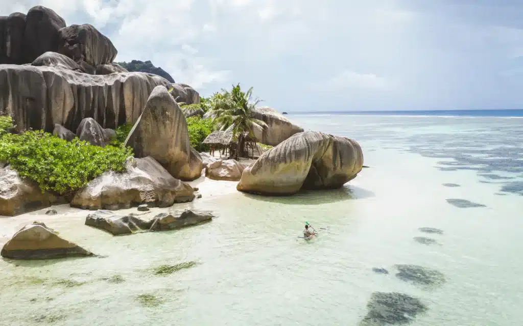 Beautiful beach with white sand on a tropical island in the Seychelles.