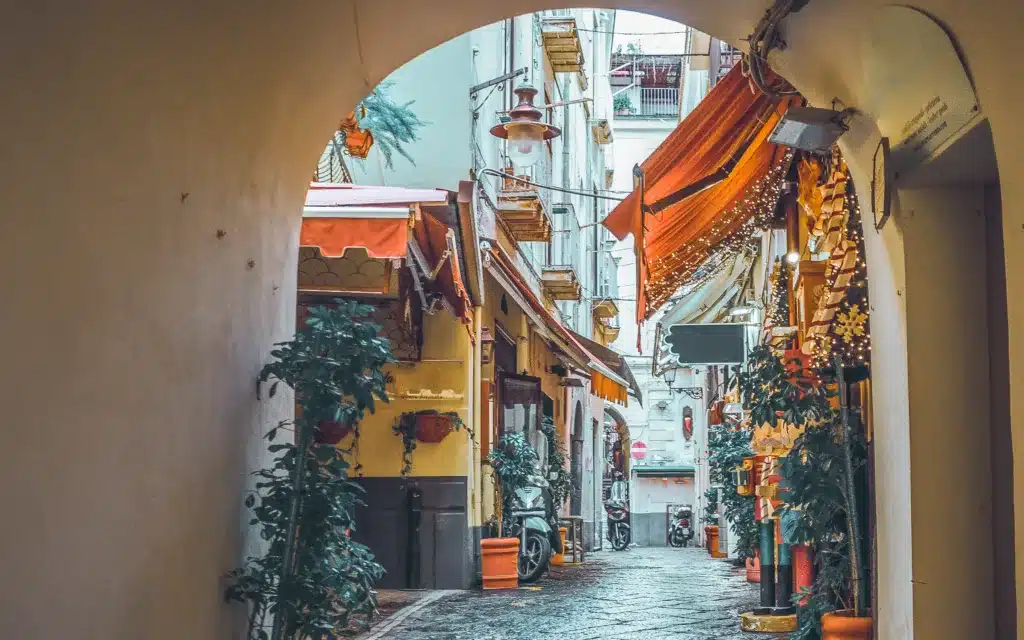 Typical downtouwn street with stores in Sorrento in the south of Italy.