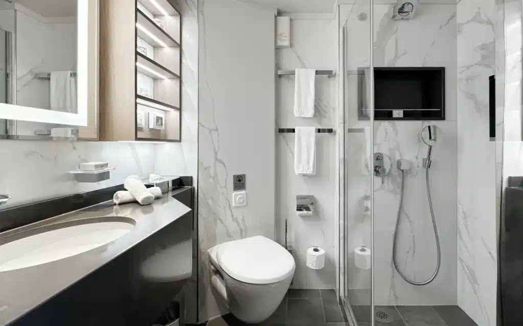 A bathroom in an Azamara Onward Continent Suite.