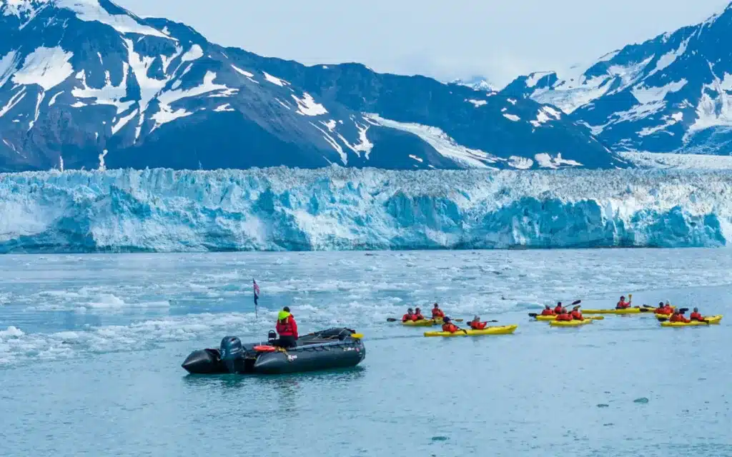 A group of kayakers on polar waters.