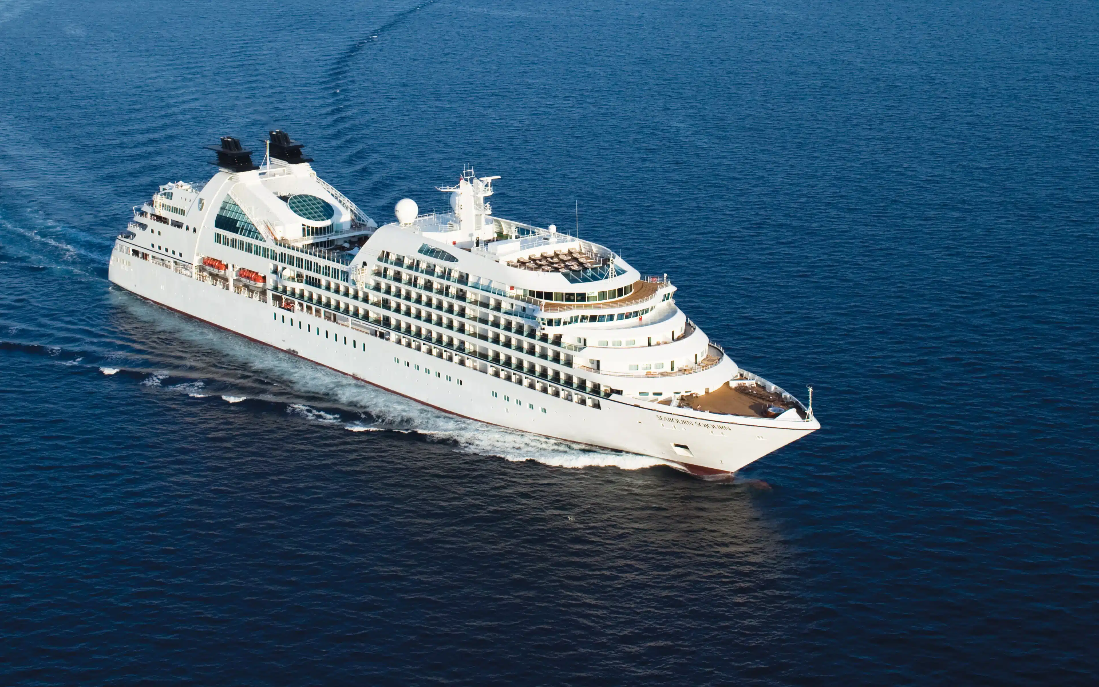 The Seabourn Sojourn cruise ship at sea.