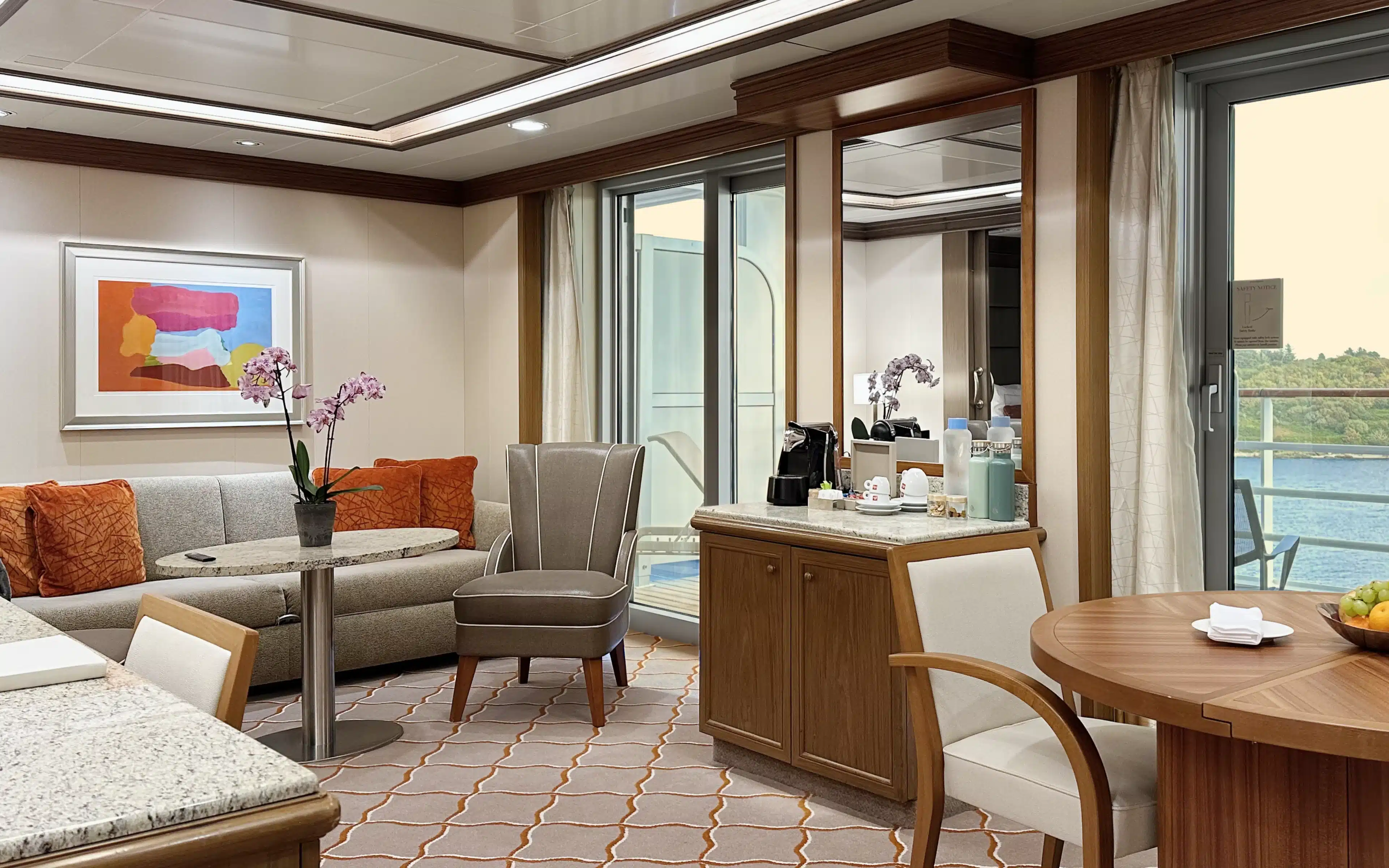 The living room in a Silver Suite on board Silver Spirit.