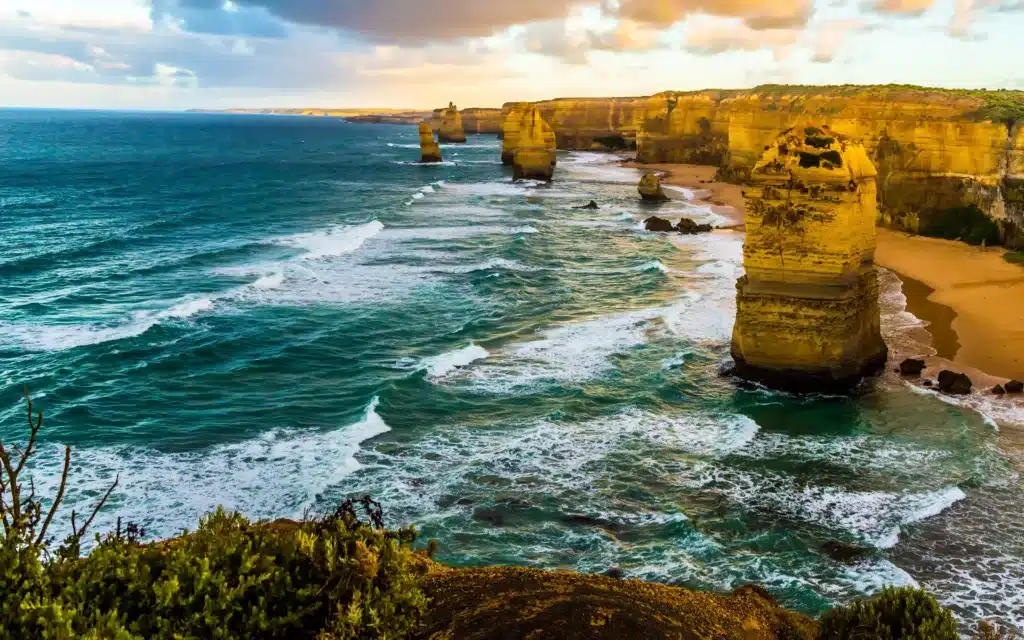 View of the Twelve Apostles rock formations on the coastline of Victoria, Australia.