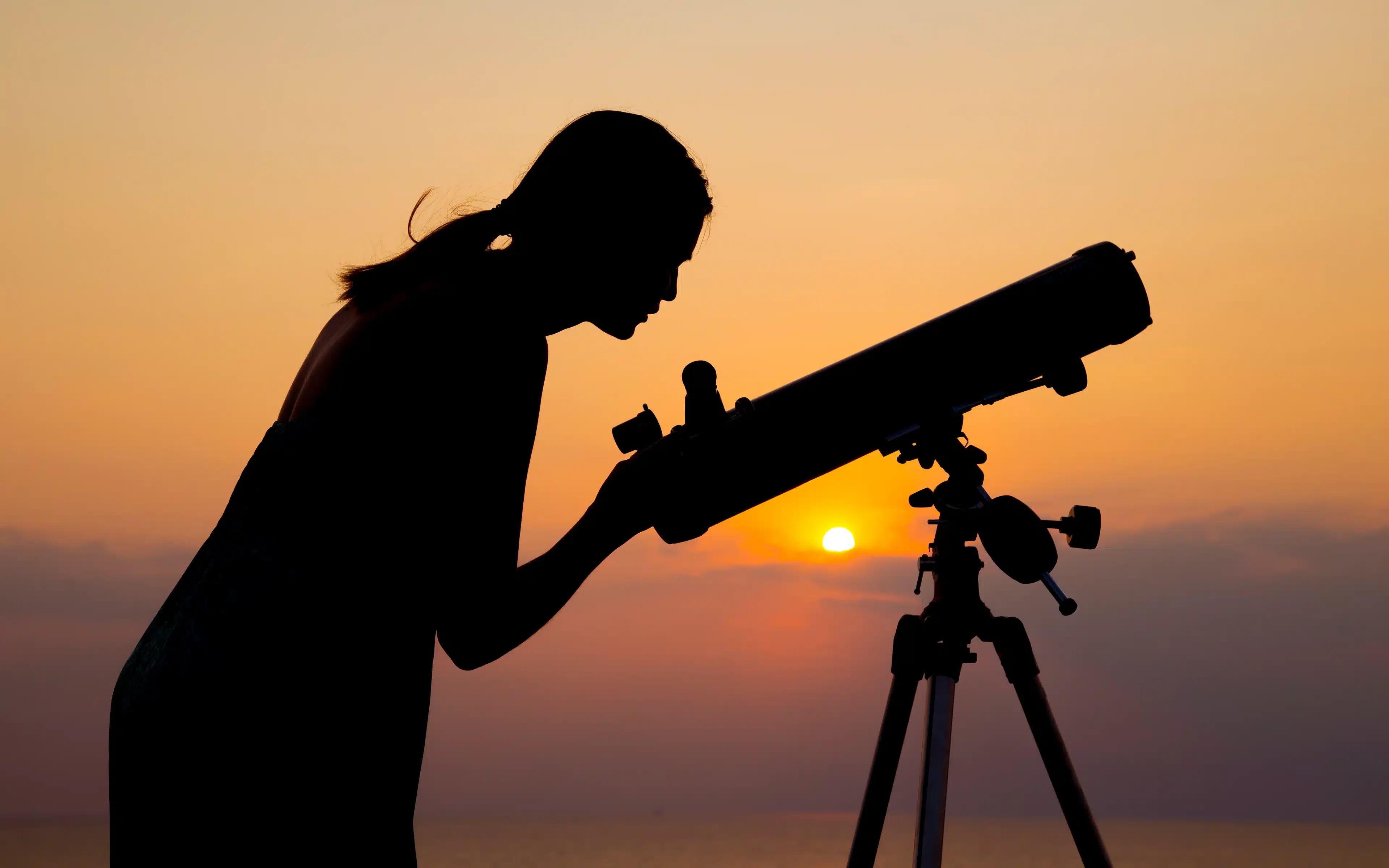 A female appears in silhouette, looking through a telescope.