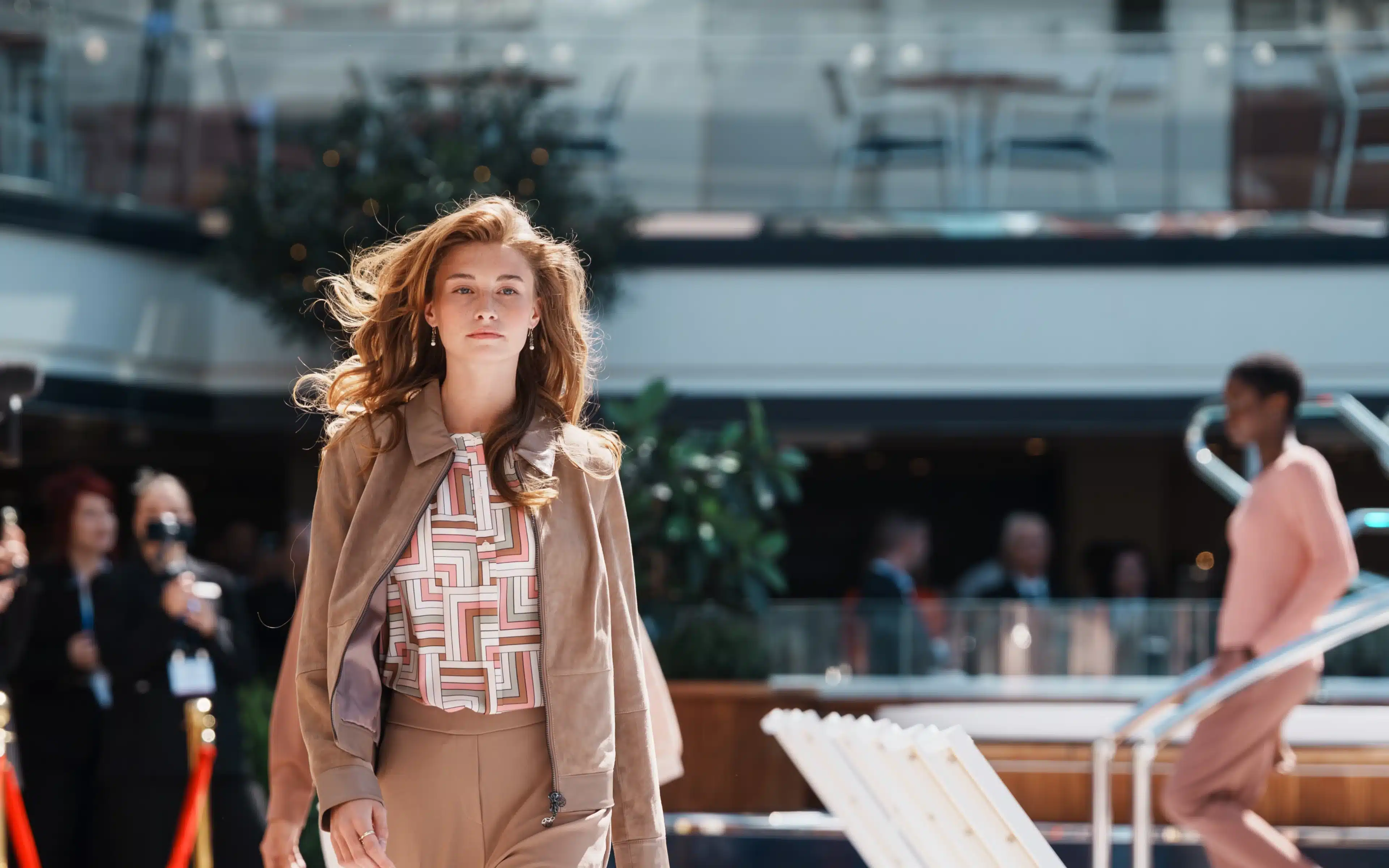 A model on the catwalk aboard Cunard's Fashion Week cruise.