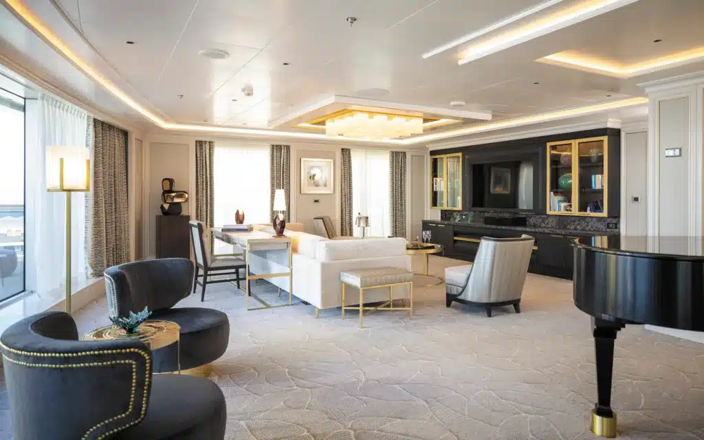 The living room in the Regent Suite aboard Seven Seas Splendor.