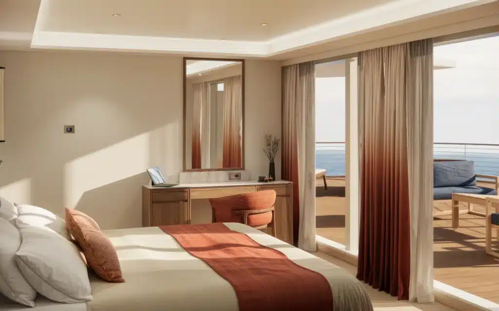 Penthouse Suite bedroom on board Crystal Grace (rendering).