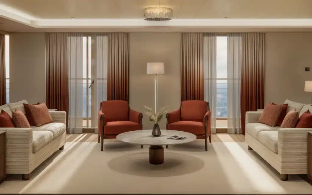 Penthouse Suites living room on board Crystal Grace (rendering).