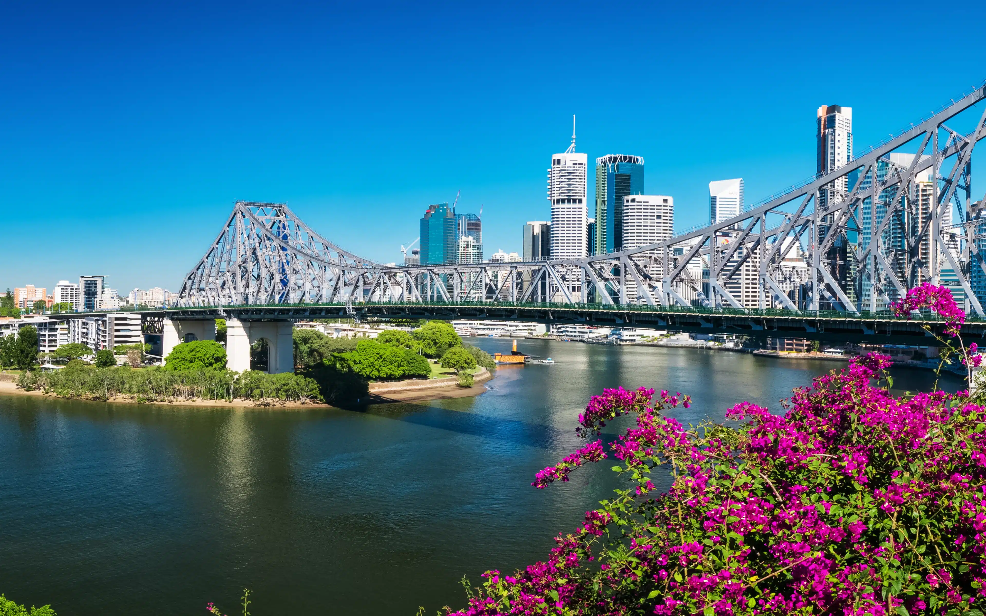 A landscape photo of the Story Bridge across the Brisbane River.