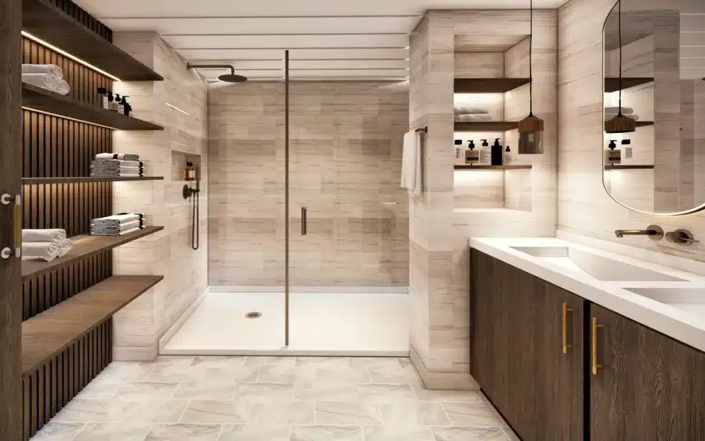 A Panorama Suite bathroom with walk-in shower and dual basins.