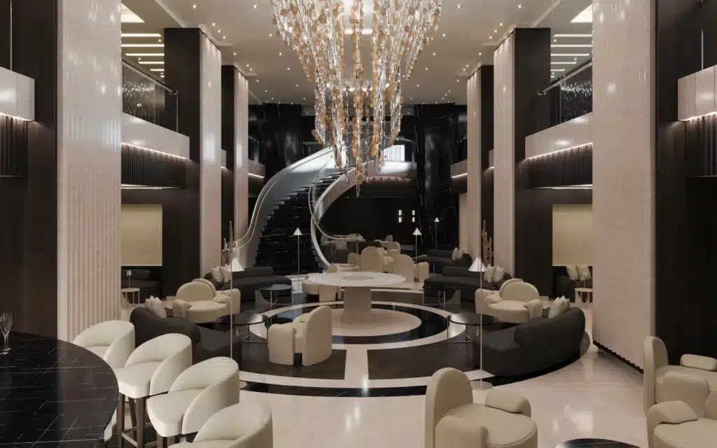 The Lobby with sweeping staircase on Explora III (rendering).
