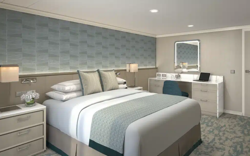 Spacious Horizon Suite bedroom rendering aboard Oceania Sonata.