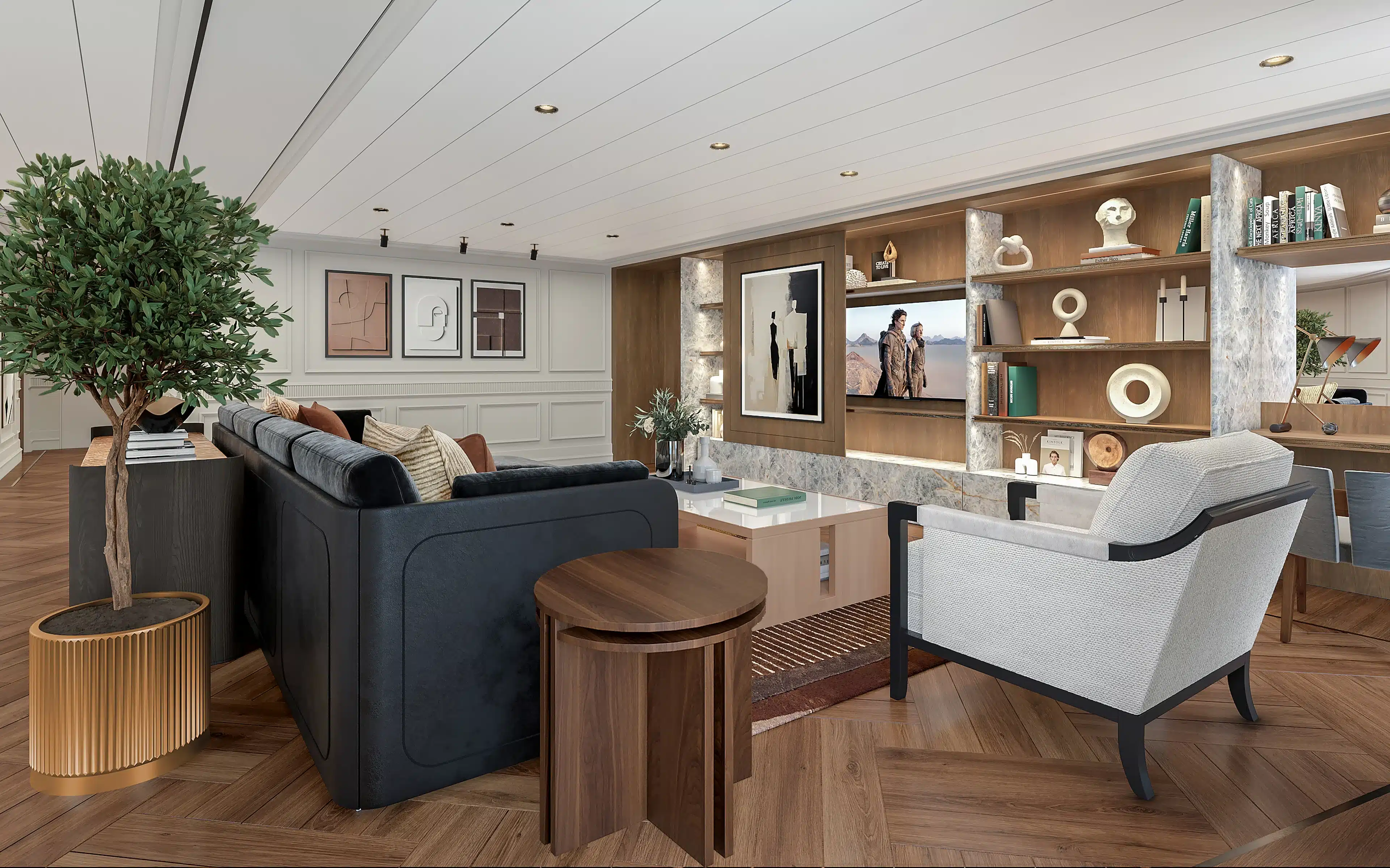 Owner's Suite living room with sofa rendering aboard Oceania Sonata.