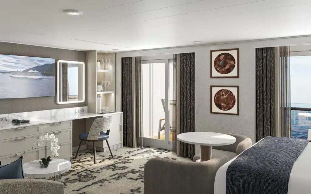 Penthouse Suite Deluxe rendering aboard Oceania Sonata.