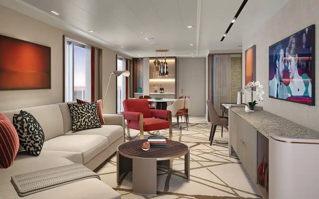 Vista Suite living space rendering aboard Oceania Sonata.
