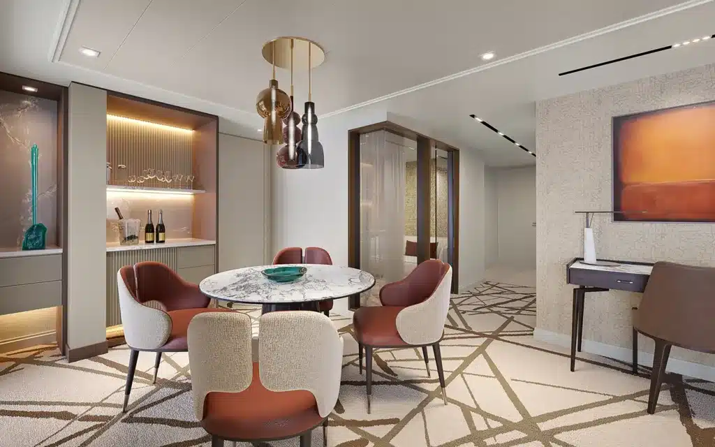 Vista Suite dining area rendering aboard Oceania Sonata.