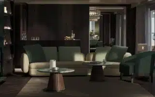 Vista down the length of the Owner’s Suite, from the living room to the dining room.