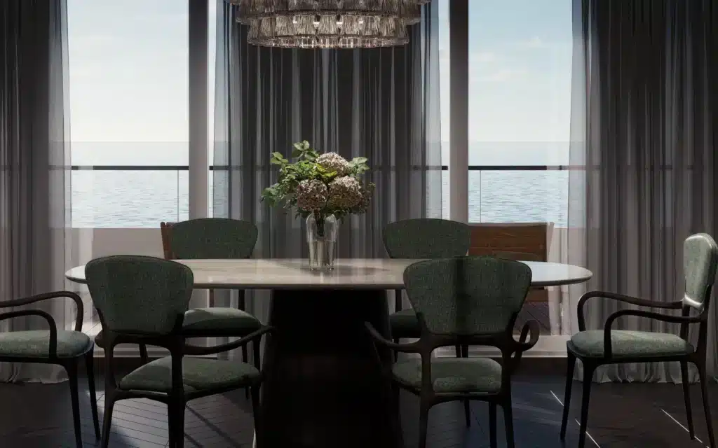 Panoramic ocean views from the Crystal Grace Owner's Suite dining room.