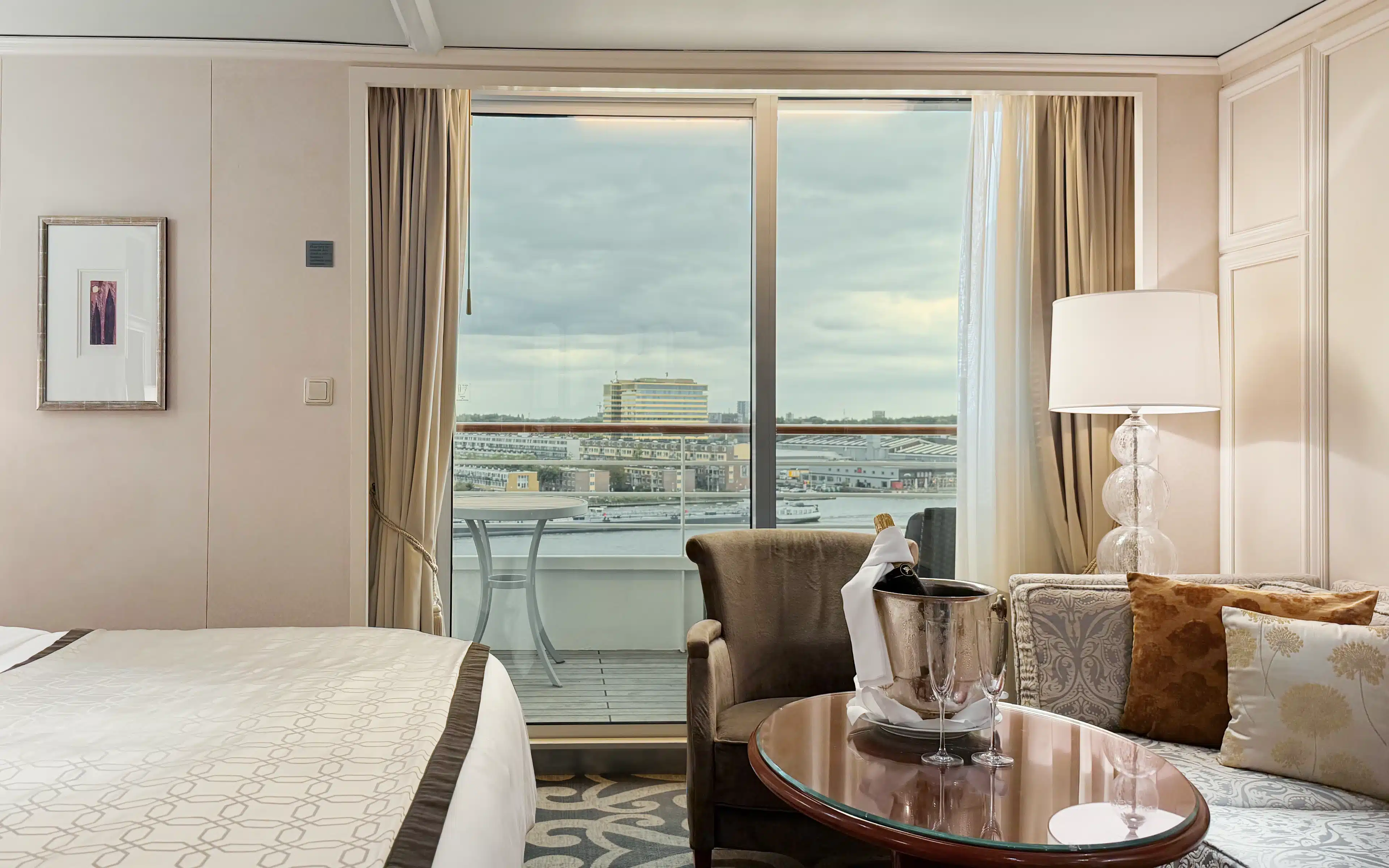 A view toward the veranda from inside an Aquamarine Suite.
