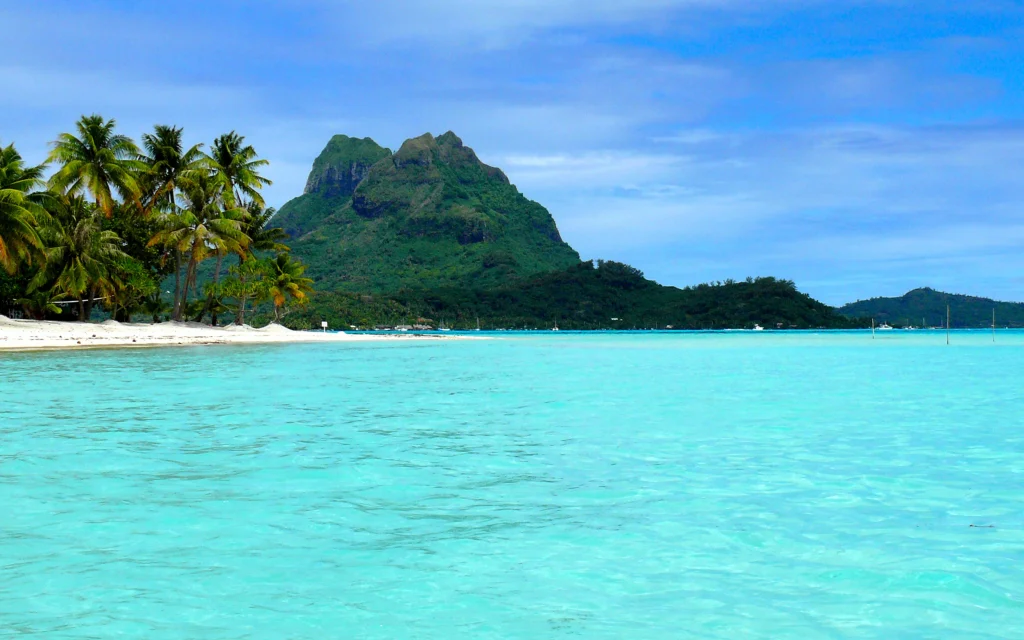 Impossibly blue and turquoise waters of the Bora Bora lagoon.