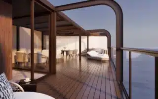 Skyview Regent Suite terrace with al fresco dining setting and hot tub.