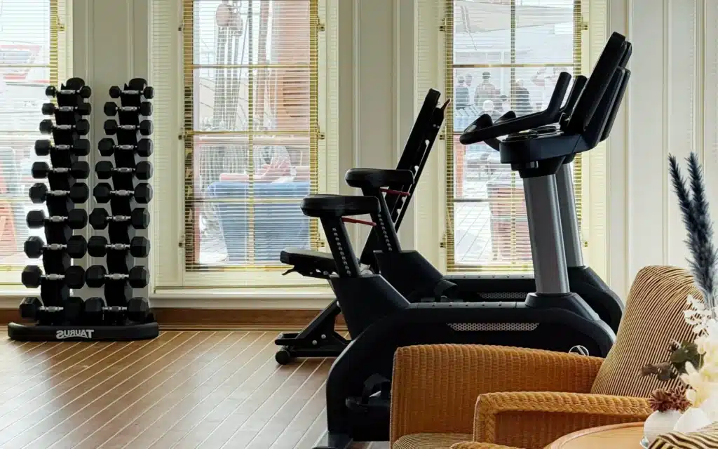 Sea Cloud Spirit fitness center showing a Taurus dumbbell rack and cardio equipment beside large windows overlooking the deck